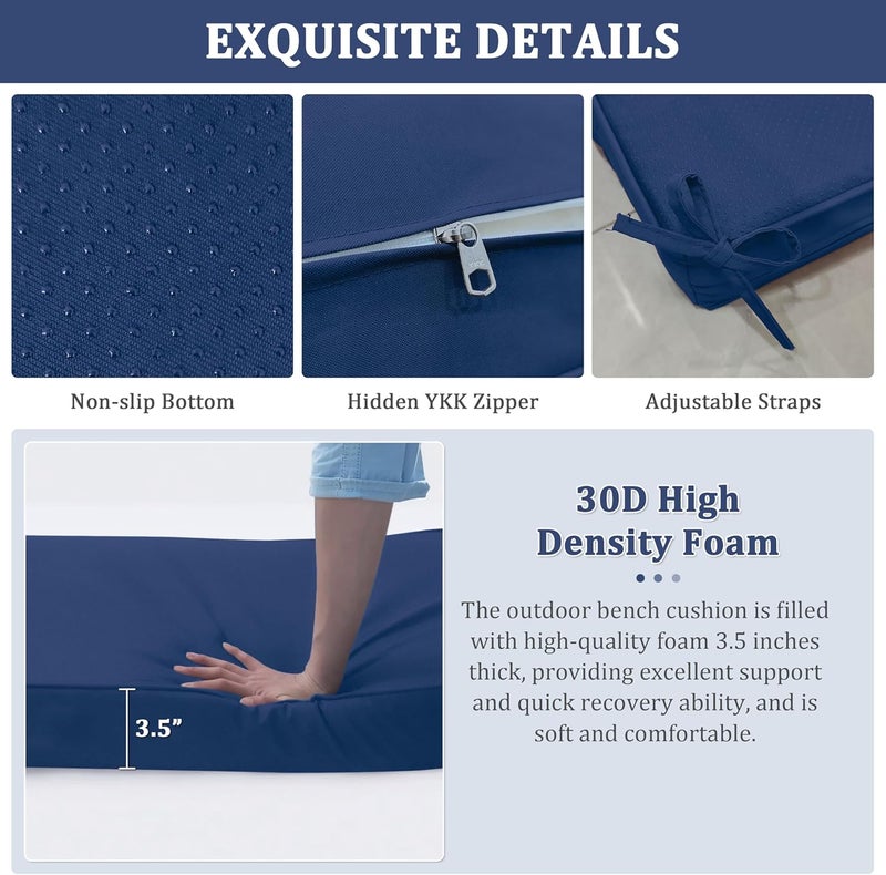 Pakunoda Premium Outdoor Bench Cushions for Patio Furniture 3.5inches Memory Foam Bench Cushion Waterproof Fade Resistant Porch Swing Cushions with Straps 42×18 Inch Blue - Image 5
